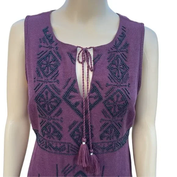 Abercrombie & Fitch Dress Women's Small Maroon Beaded Aztec Sleeveless Tie Neck - Picture 4 of 16